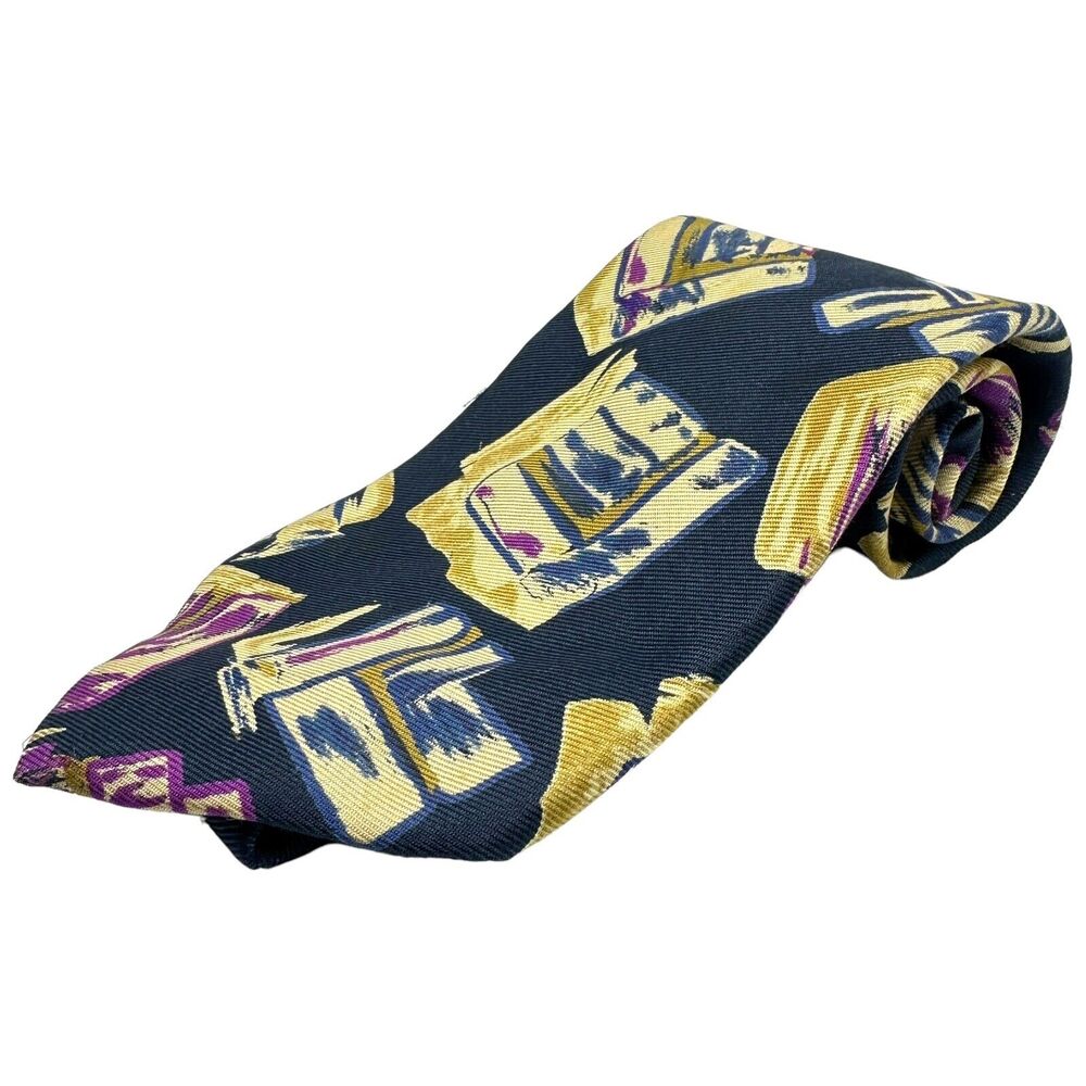 Gitman Bros Men's Silk Tie Navy‎ Blue Gold Purple Abstract Geometric USA 59"